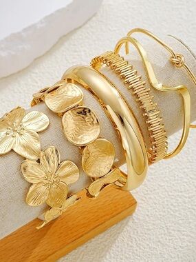 Anthropologie Gold Floral & Mixed-Texture Stacking Bracelet Set